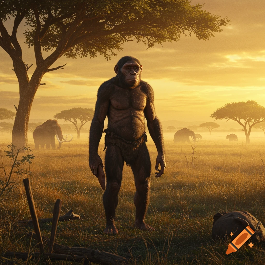 A photorealistic depiction of a Homo habilis standing in a savanna at sunrise with elephants in the misty background.