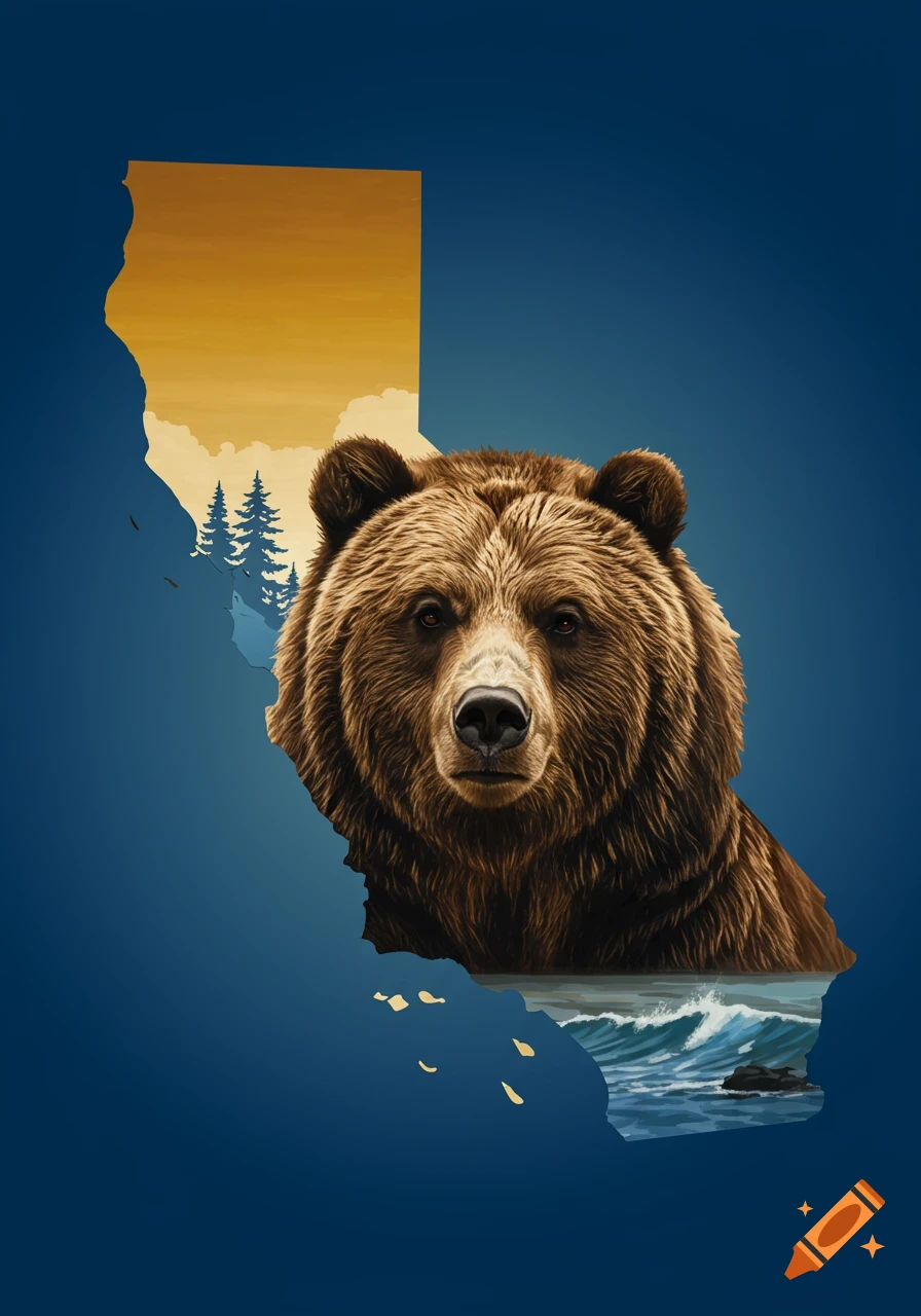 A brown grizzly bear's head centered over the outline of California, with a sunset sky and trees in the north and ocean waves in the south.