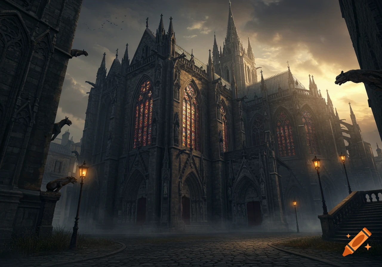 A dark, grand gothic cathedral with intricate details and stained glass windows, illuminated by a dramatic sunset sky. Gargoyles perch on its facade and nearby structures.
