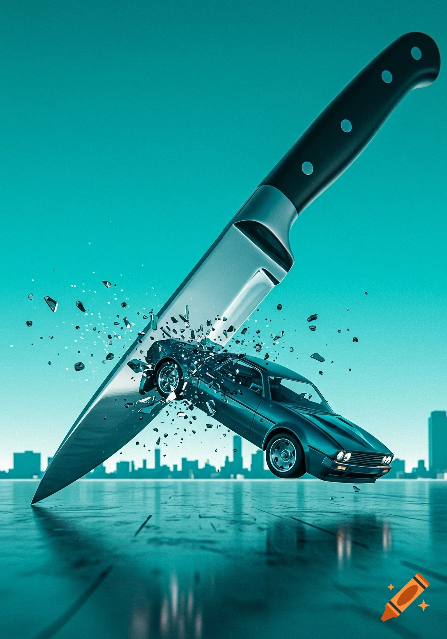 A large chef's knife dramatically slices through a black car, causing it to shatter into pieces, against a teal sky with a city skyline in the background. The scene is reflected on a glossy surface.