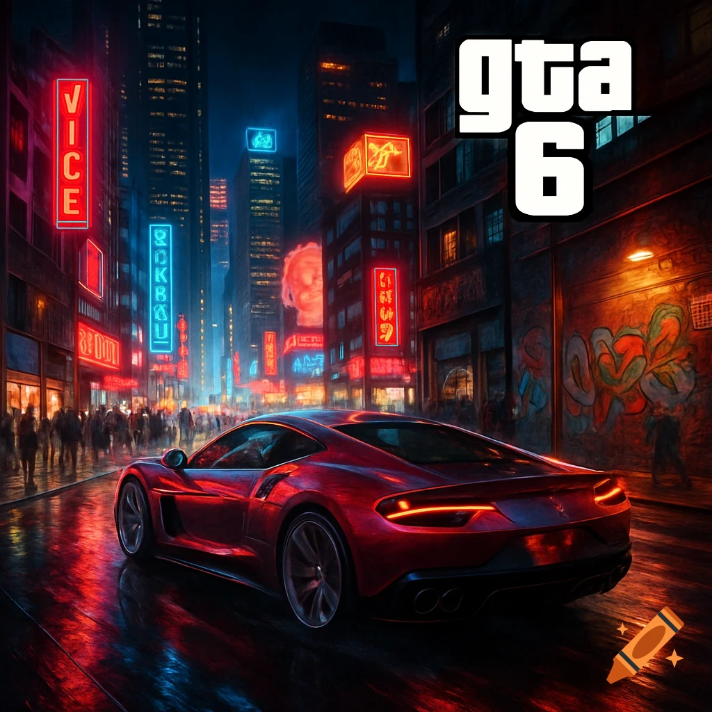 A red sports car drives on a wet city street at night, reflecting vibrant neon lights from tall buildings. The text "gta 6" is visible in the top right.
