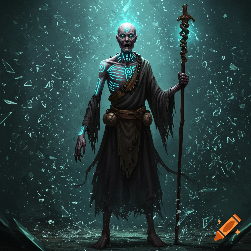 A gaunt, skeletal monk in black robes with glowing blue tattoos holds a staff amidst shattered glass.