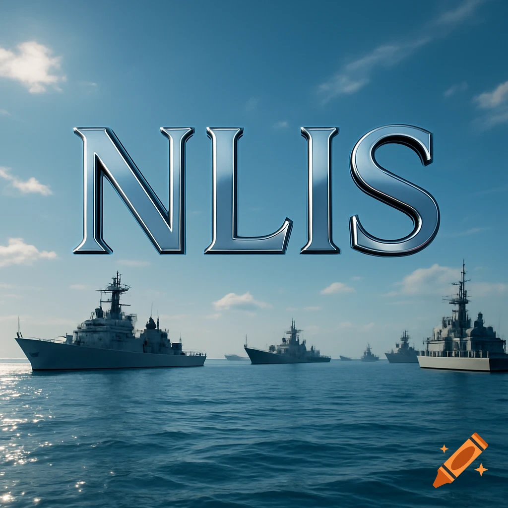 Photorealistic image of the text NLIS floating above several naval warships on a blue ocean under a partly cloudy sky.