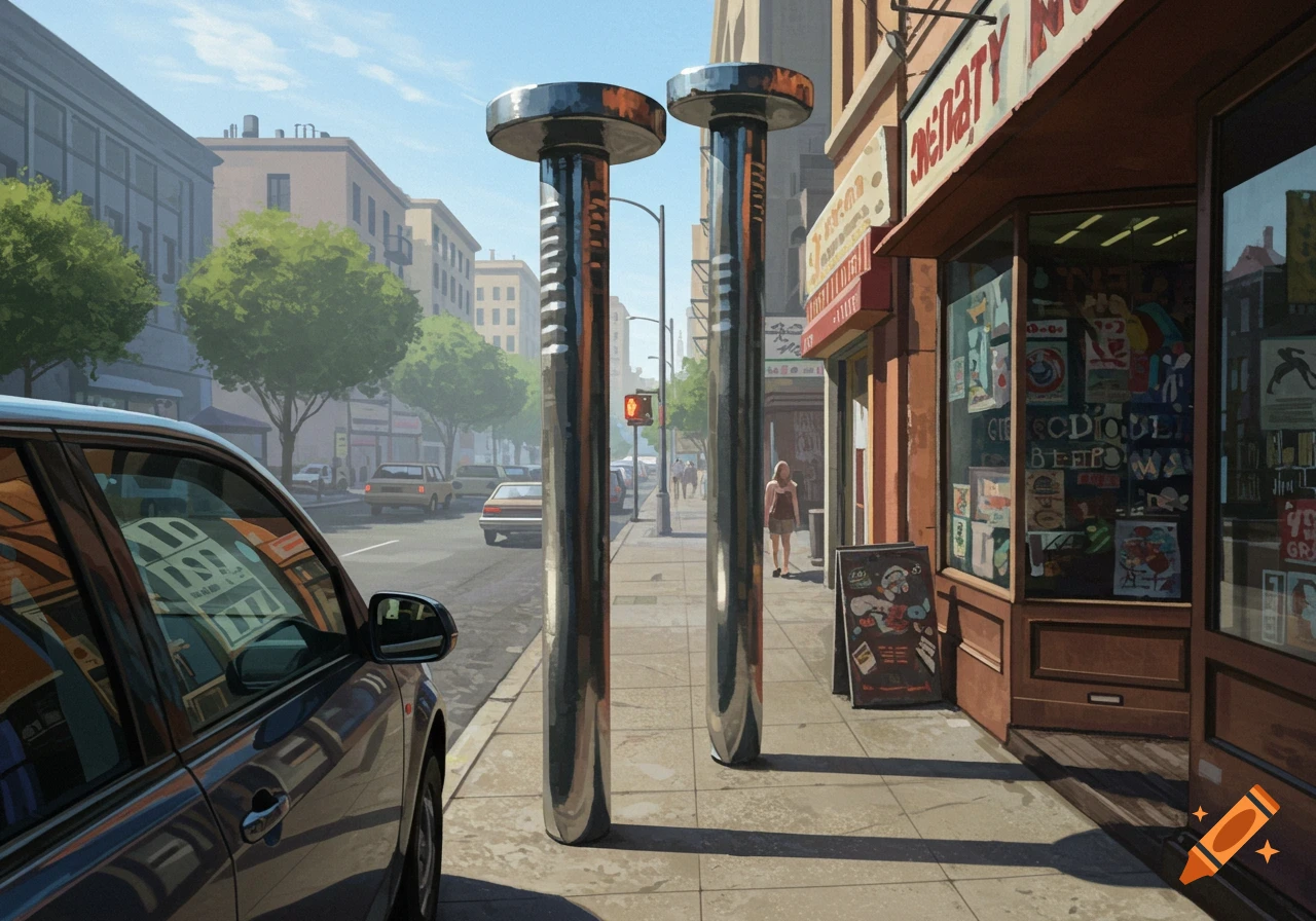 Giant shiny nails stand on a city sidewalk next to a store, with cars and buildings in the background.