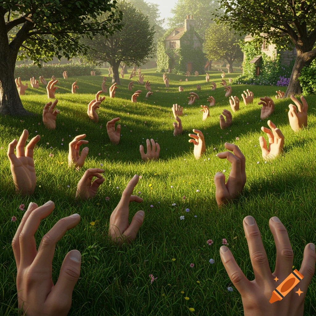 A surreal sunny grassy field with countless human hands emerging from the ground, with trees and a house in the background.