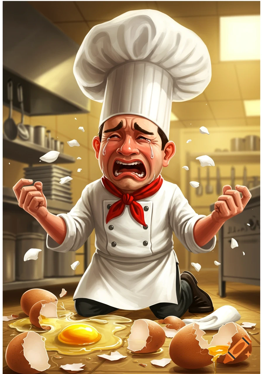 A cartoon chef in an oversized hat kneels in a kitchen, weeping hysterically among broken eggs.