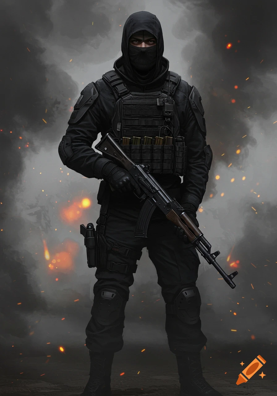 A photorealistic image of a tall male figure in a black military uniform and balaclava, holding an AK-47 amidst smoke and sparks.