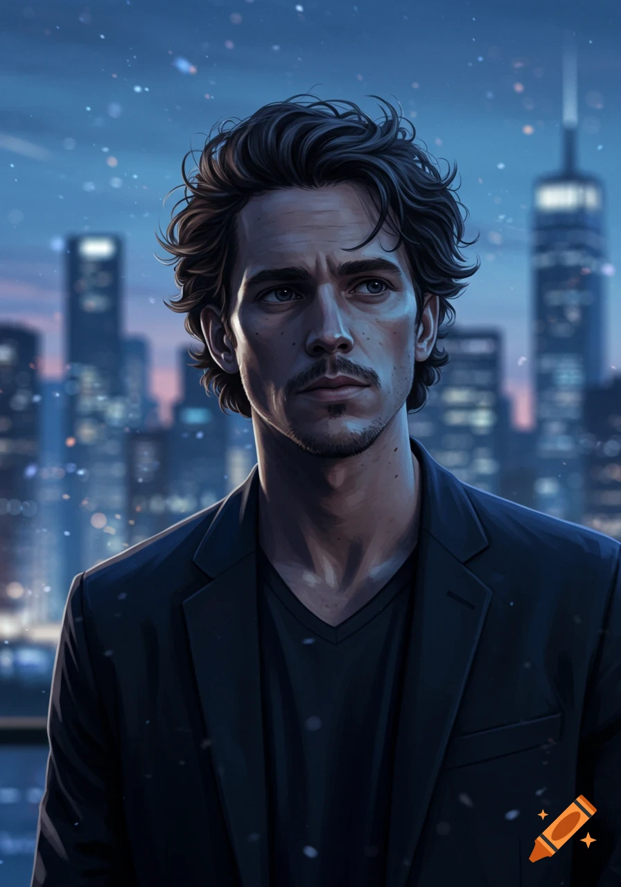 A stylized digital art portrait of a man with dark curly hair and a beard, against a blurry night city skyline.