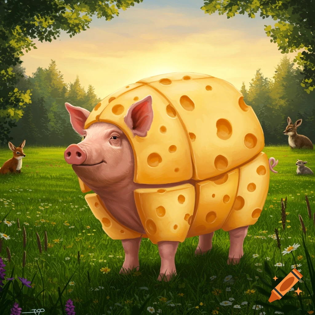 A cheerful pig in a full yellow Swiss cheese costume stands in a green field with deer and rabbits.