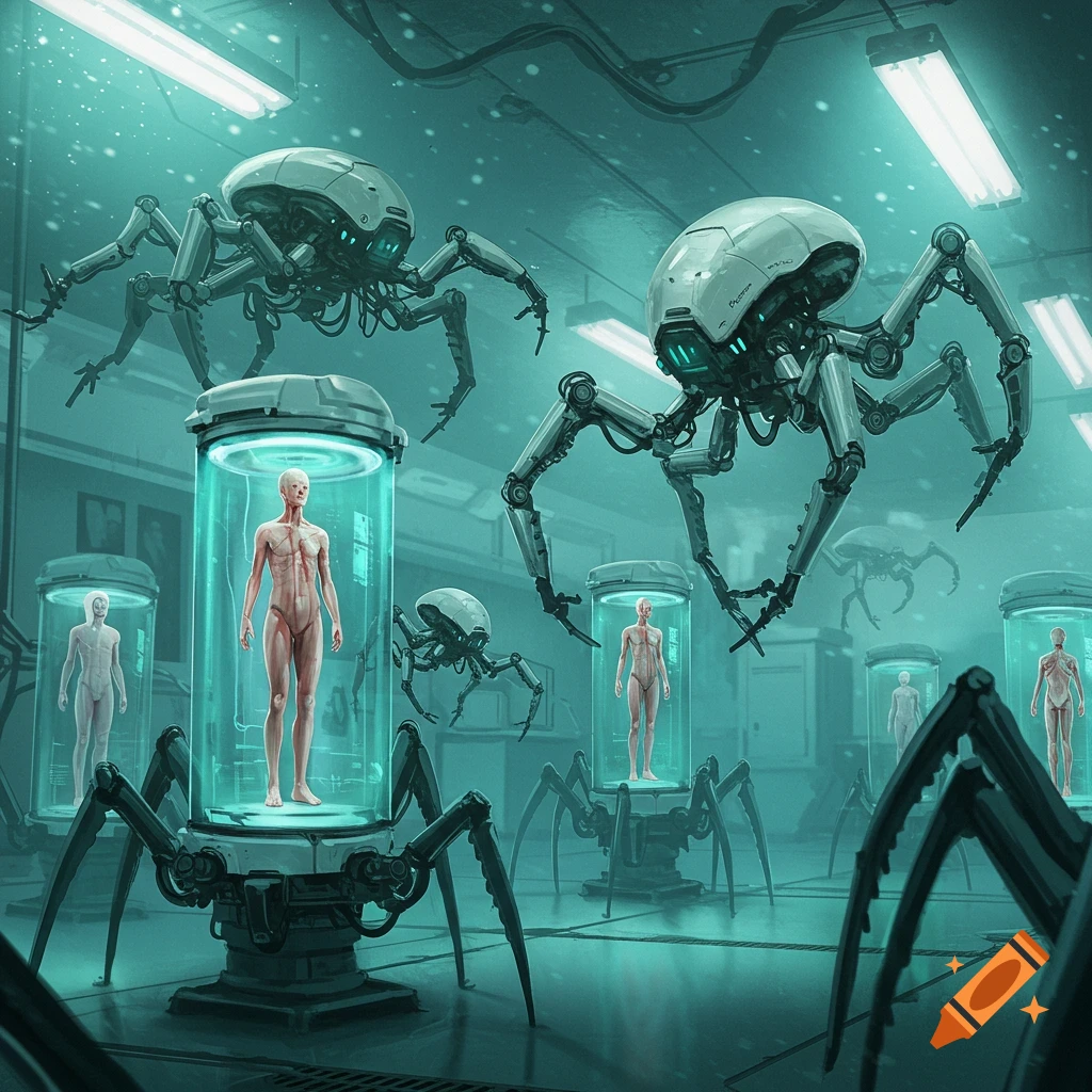 Futuristic lab with spider robots and humanoids in glowing tubes.