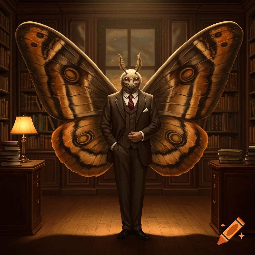 A wise-looking mothman in a suit and tie stands in a dimly lit library.