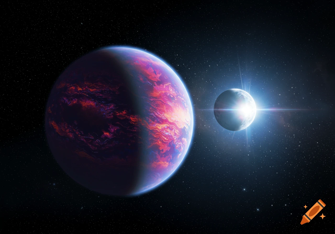 A large, colorful planet with swirling red and purple patterns orbits next to a brightly glowing moon in a star-filled space.