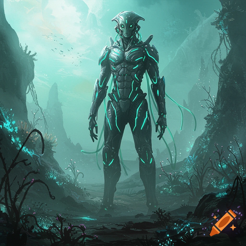 A tall alien in dark, glowing green mech armor stands in an alien landscape with bioluminescent plants. Digital art.