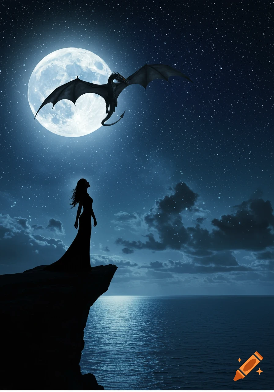 A silhouetted woman on a cliff watches a black dragon fly towards a large full moon over the ocean at night.