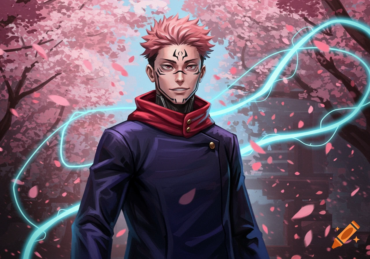 An anime-style male character with pink hair and black facial markings, wearing a dark blue coat with a red collar, stands amidst pink cherry blossoms and glowing blue energy lines.