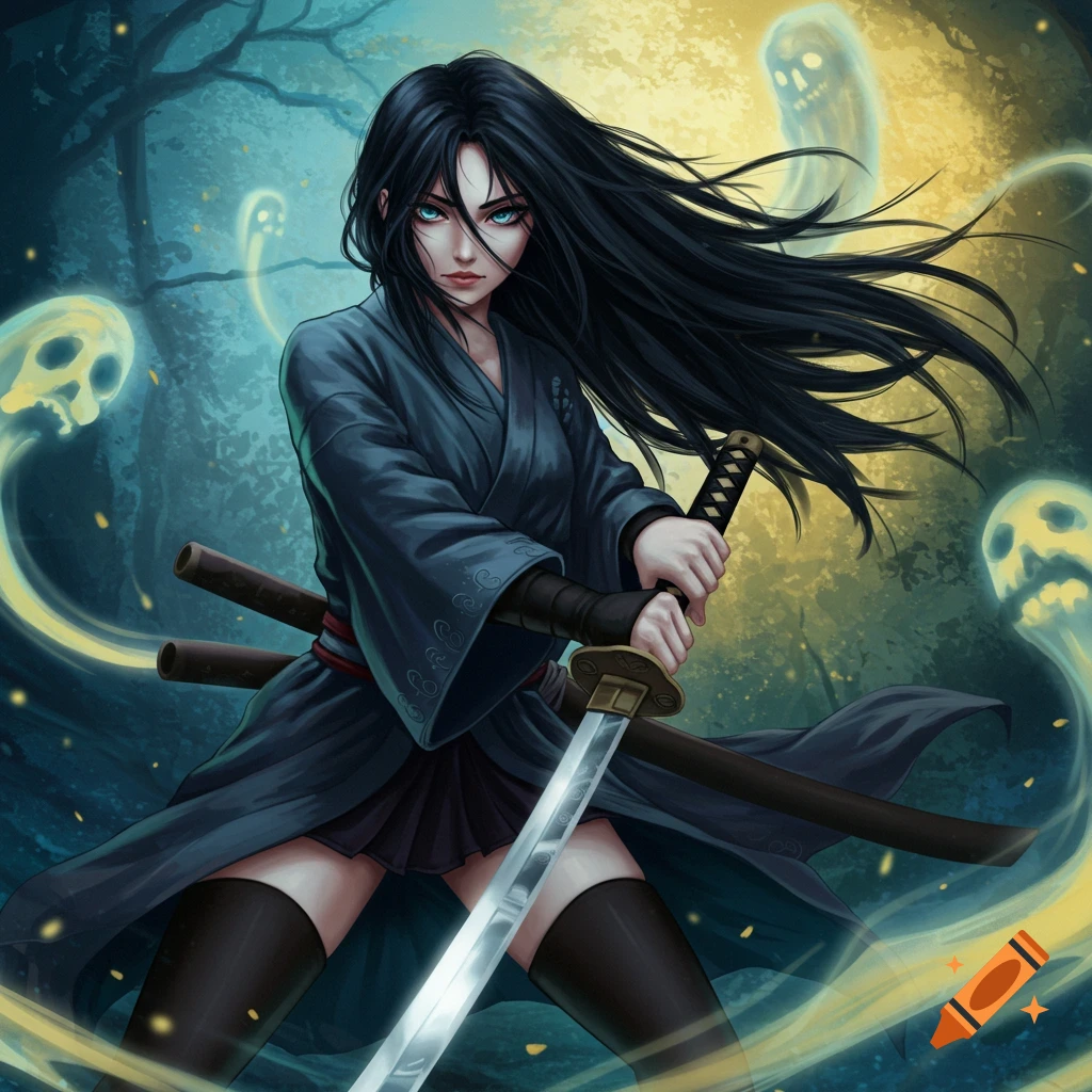 Anime woman with long black hair, holding a katana, surrounded by glowing ghost spirits in a dark forest at night.