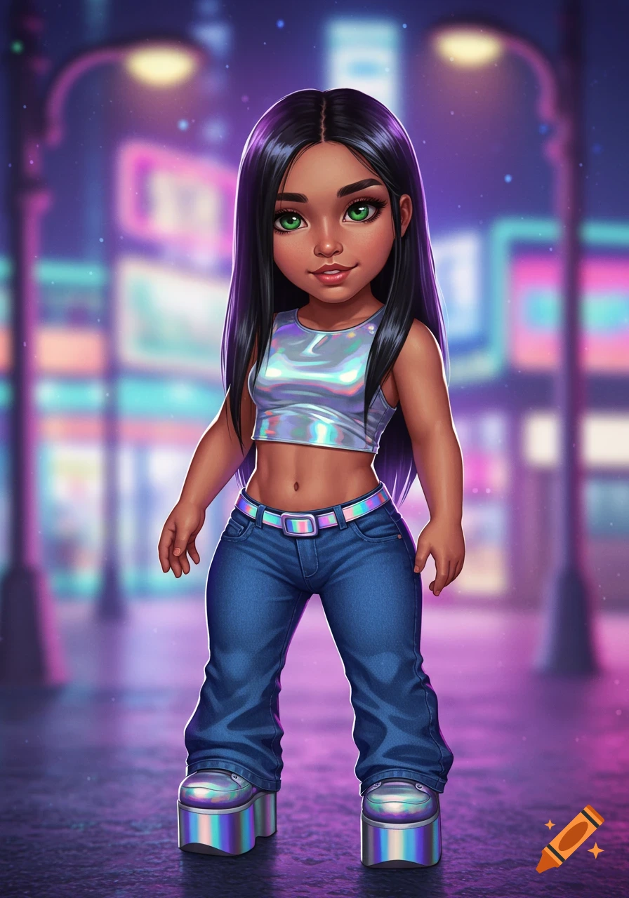 A stylized cartoon girl with long black hair, green eyes, wearing a shiny holographic crop top, blue jeans, and iridescent platform shoes, standing on a street at night with neon lights in the blurred background.