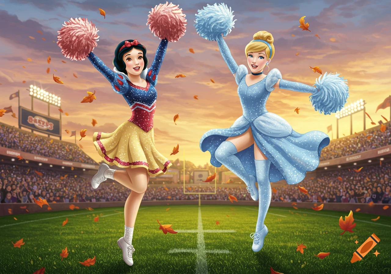 Snow White and Cinderella cheerleading on a football field with stadium lights and autumn leaves, sunset sky.