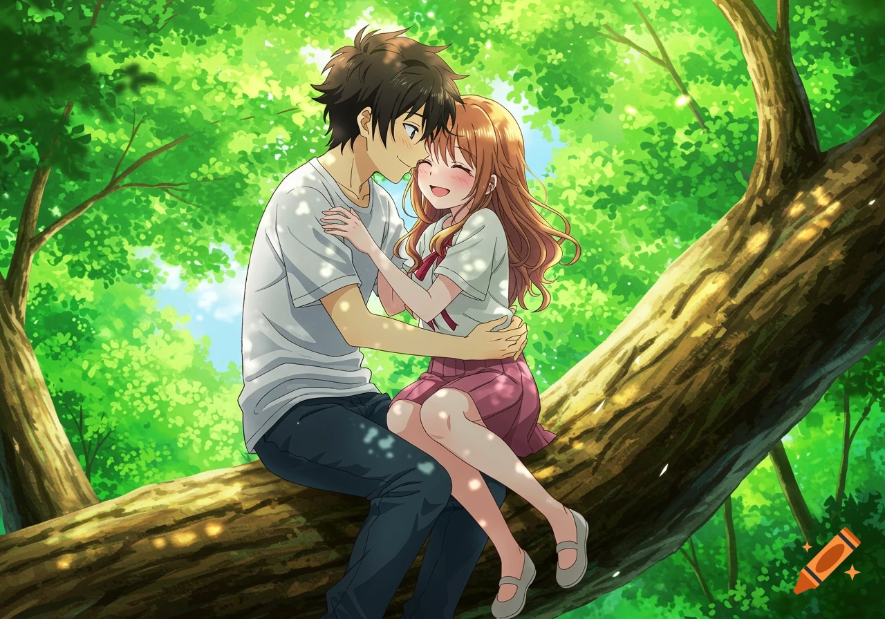 An anime couple sits lovingly embraced on a tree branch in a sunny green forest.