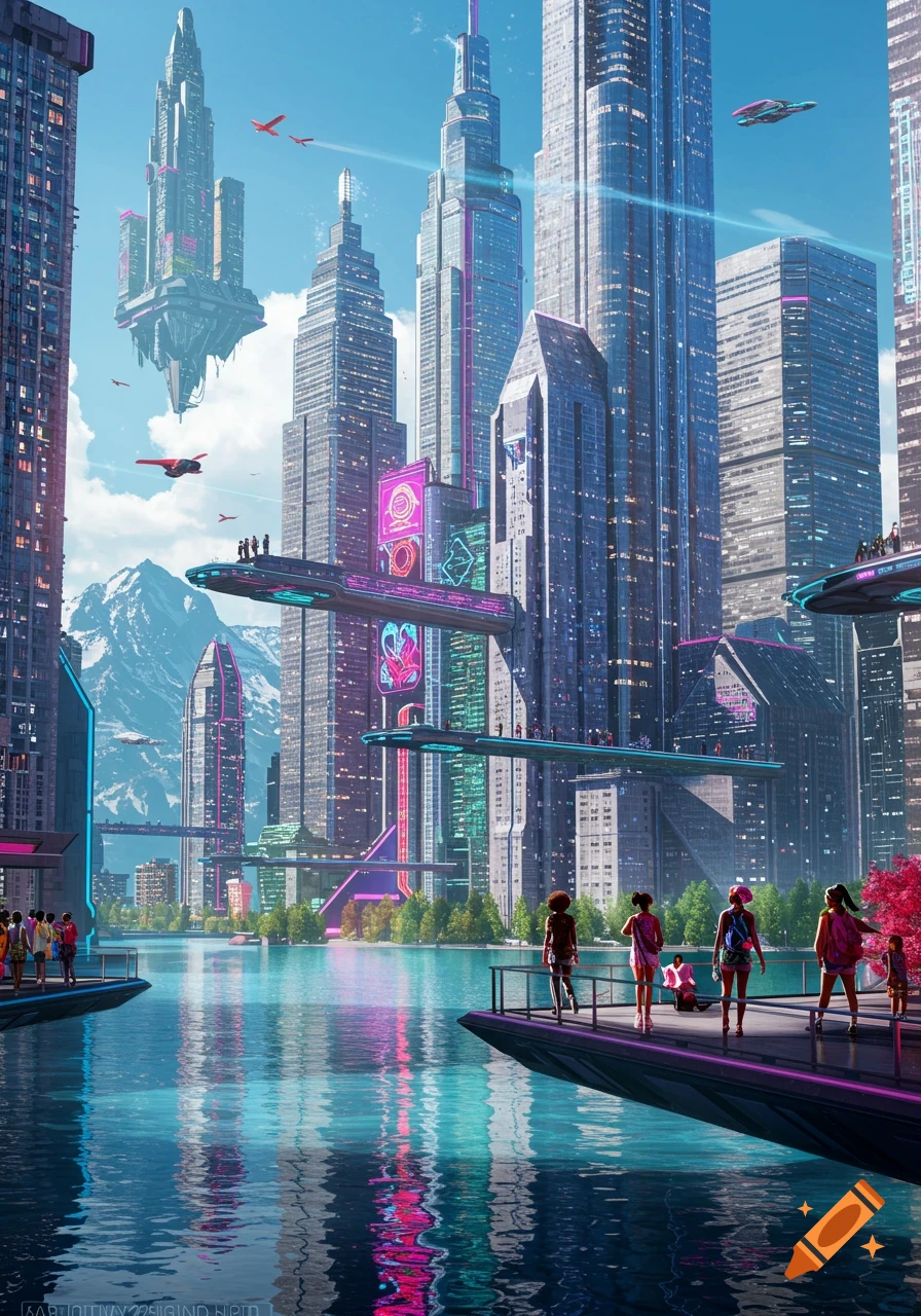 A vibrant, futuristic city with neon-lit skyscrapers, floating platforms, and flying cars over a reflective river.