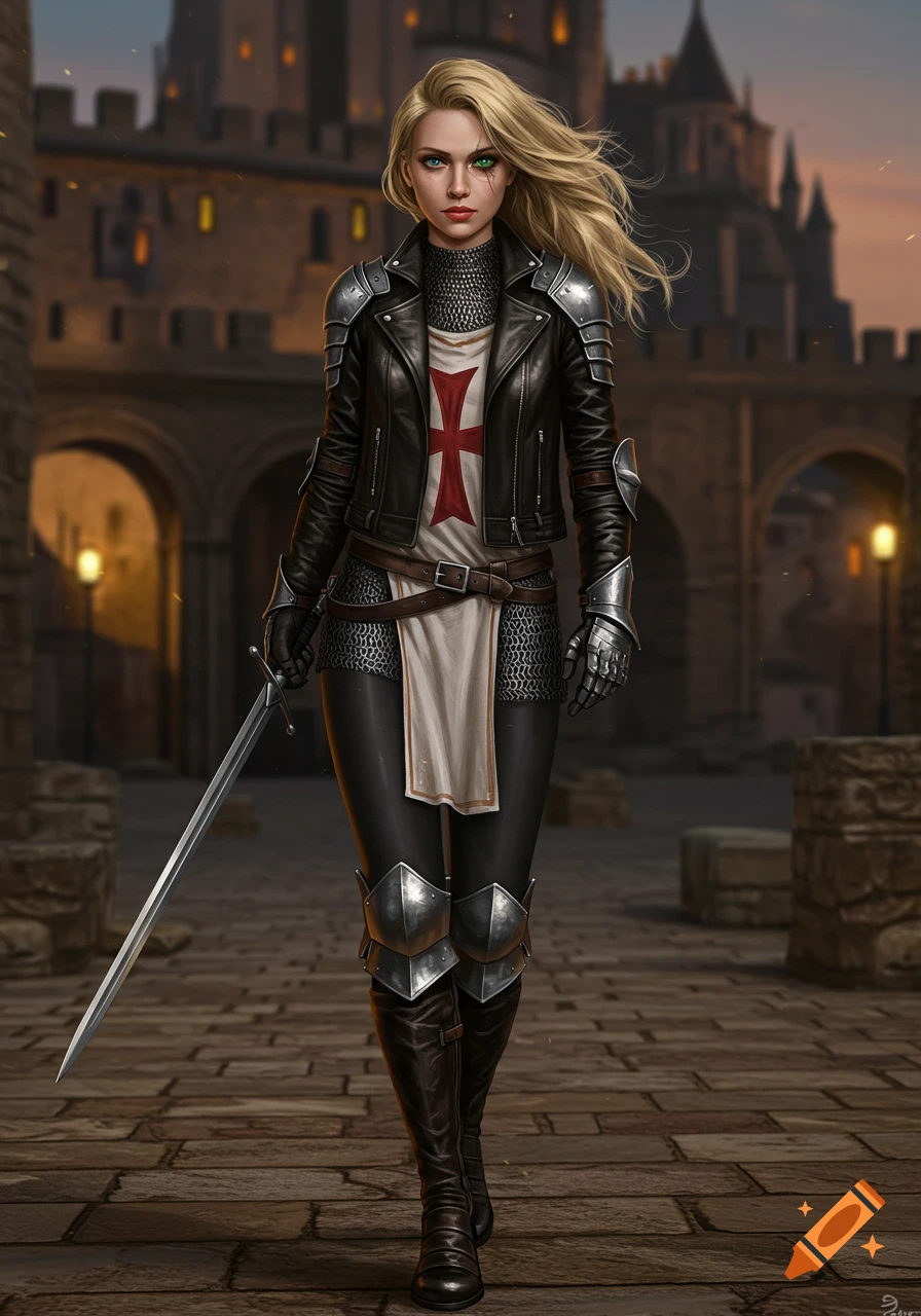 A blonde female knight Templar with two-colored eyes, wearing a leather jacket, chainmail, and boots, standing in a medieval city holding a sword.
