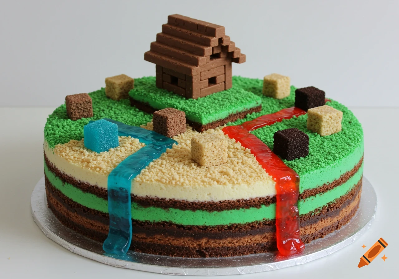 A Minecraft-themed birthday cake with chocolate, green layers, sand, a chocolate house, and blue and red jelly streams.