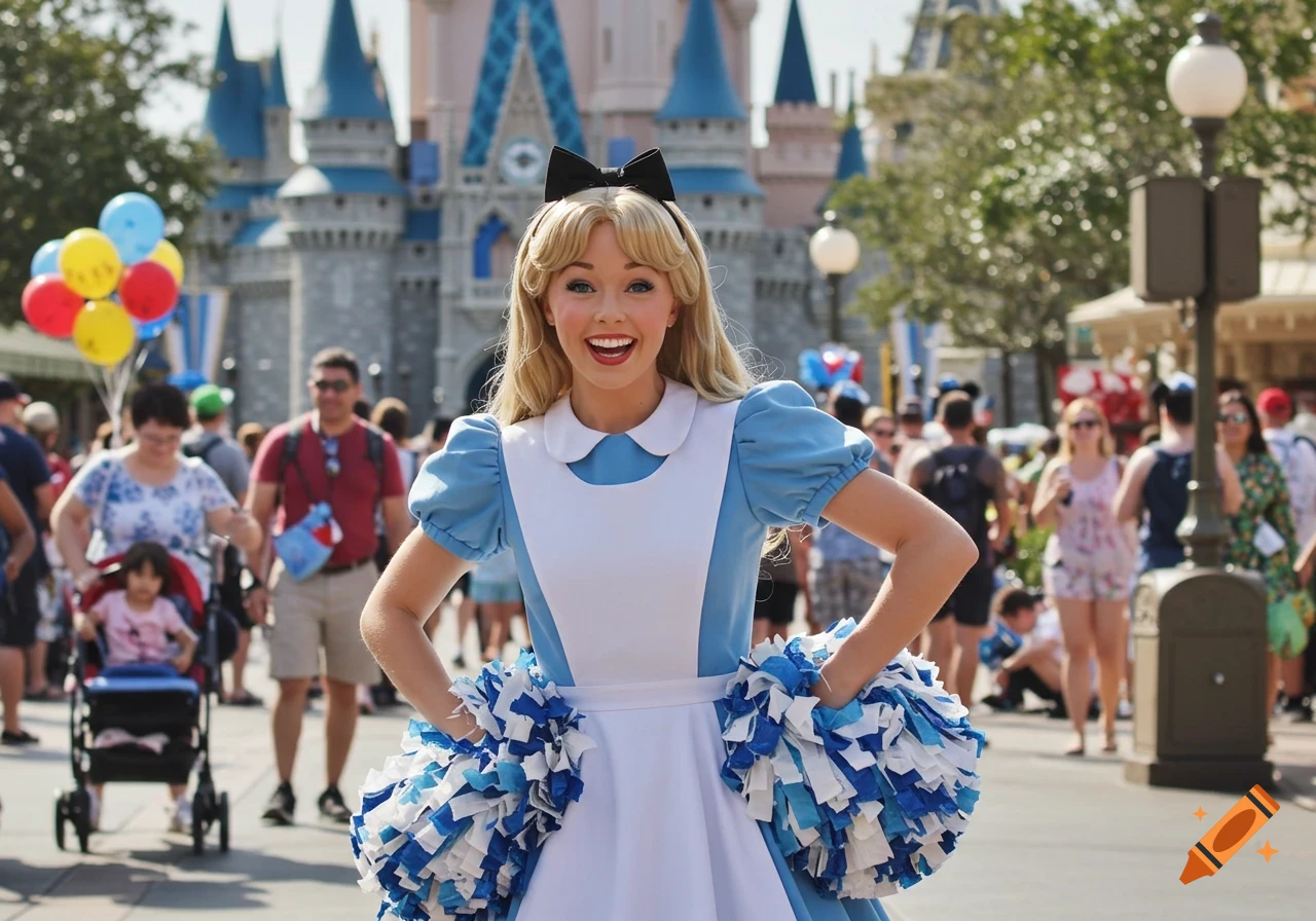 A smiling woman dressed as Alice in Wonderland in a cheerleader outfit holds blue and white pom-poms in front of a Disney castle.