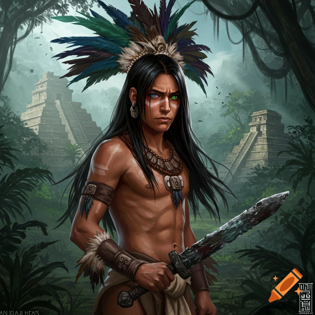 Digital illustration of a shirtless Aztec warrior with long black hair, a feathered headdress, and heterochromia, holding a sword in a jungle with pyramids.