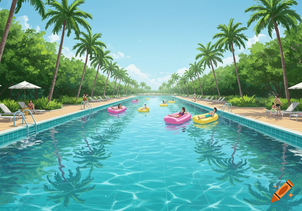 A long, rectangular swimming pool with people on colorful floats, lined by tall palm trees under a blue sky, in a resort setting.