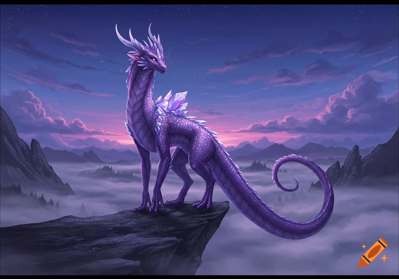 A majestic purple dragon with amethyst-like crystals on its back stands on a rocky cliff overlooking a misty mountain range at twilight.