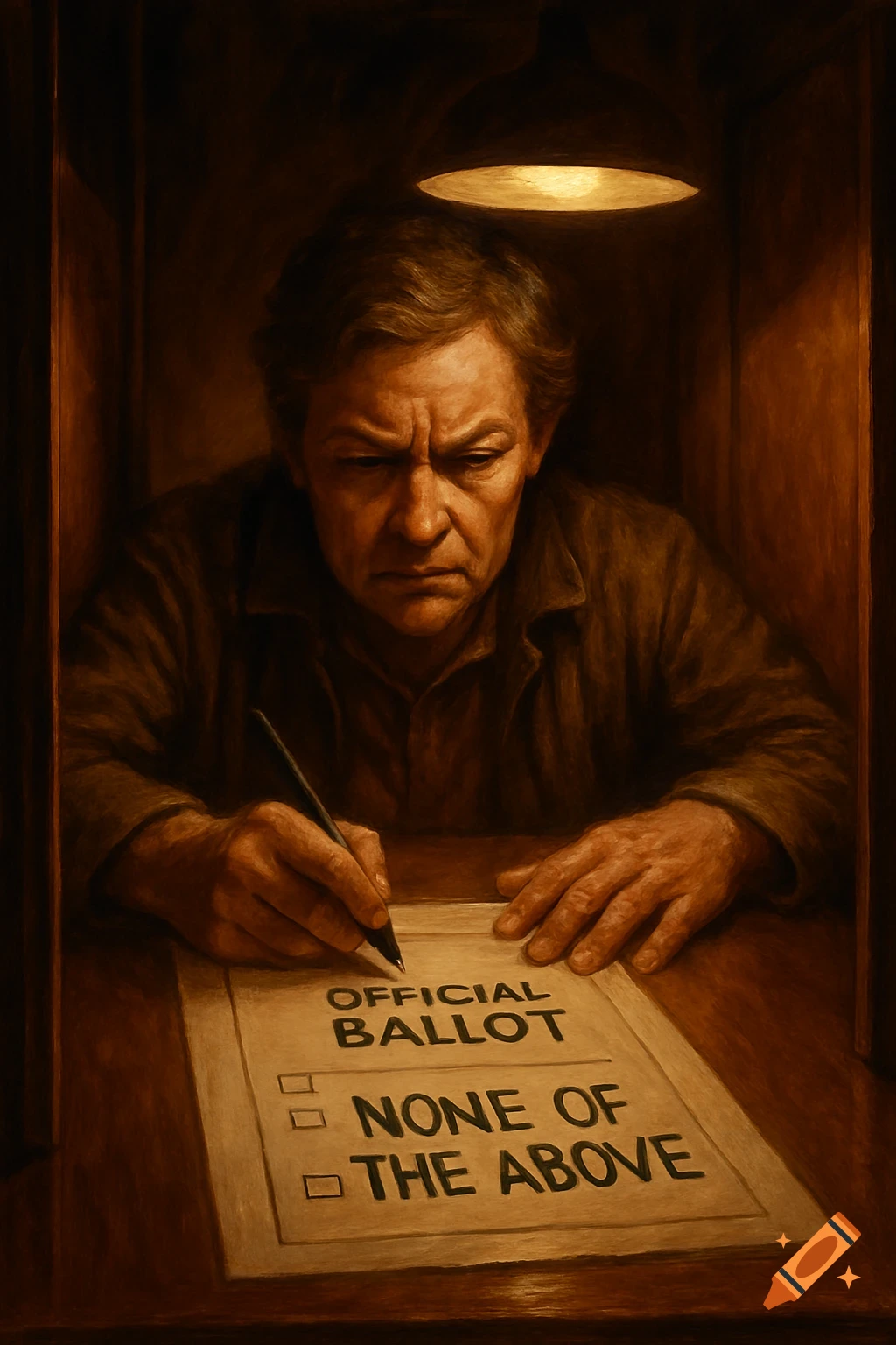 A man in a dimly lit voting booth intensely writes on an official ballot marked 'NONE OF THE ABOVE' in a painterly style.