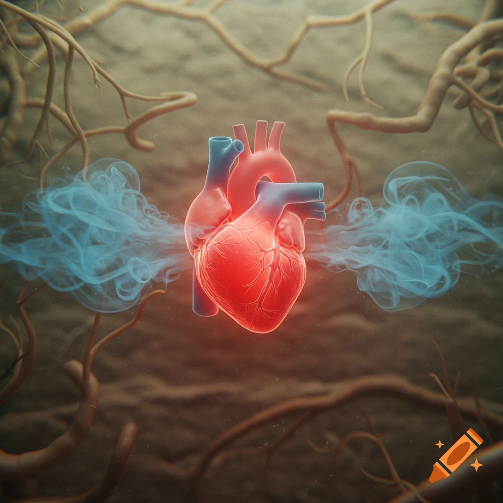A stylized, glowing human heart with blue smoke emanating from its sides, surrounded by root-like structures on a blurry brown background.