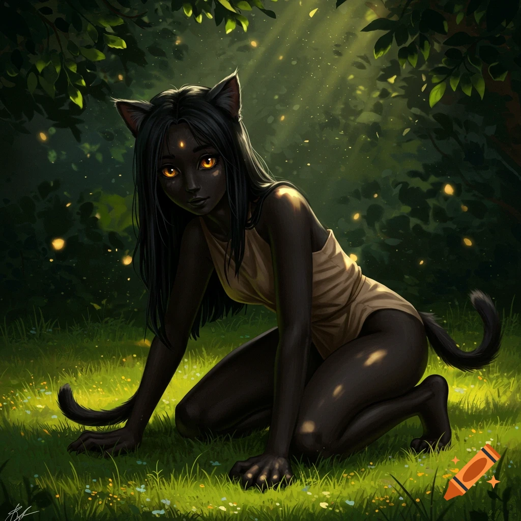 A stylized illustration of a dark-skinned cat girl with glowing eyes, kneeling in a sunlit forest clearing.