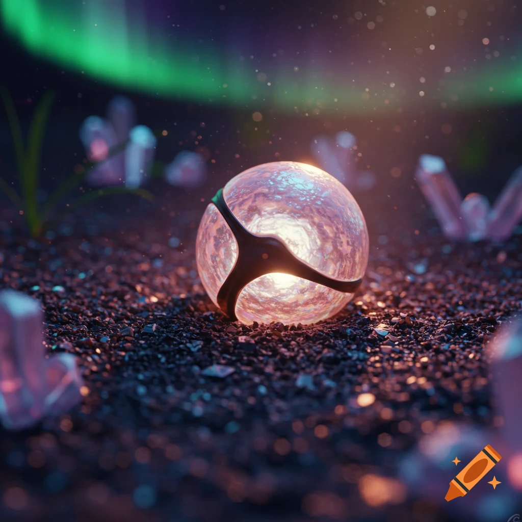 A glowing, textured orb with a black band rests on dark, rocky ground amidst glowing crystals, under a green aurora sky.