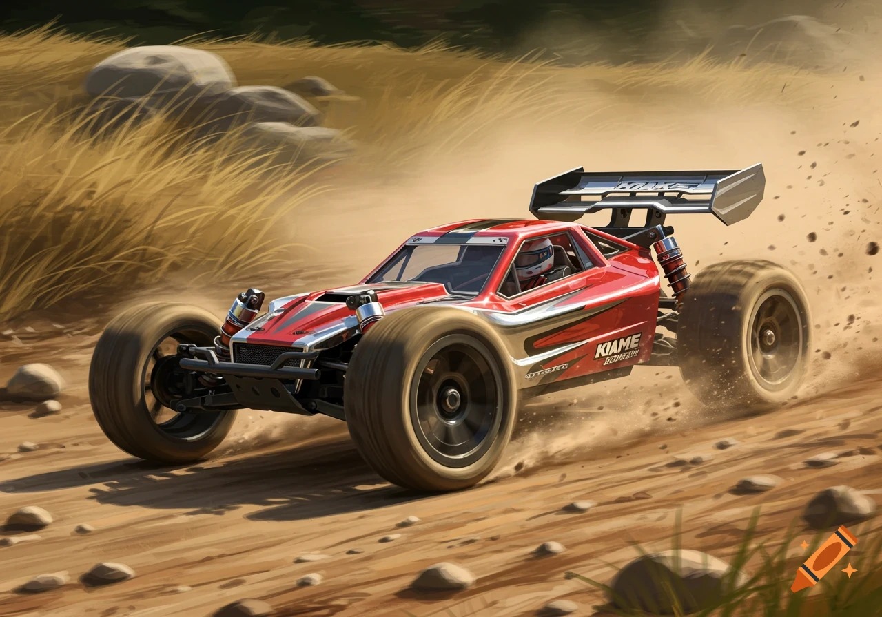 A red and silver RC car races on a dirt track, kicking up dust.