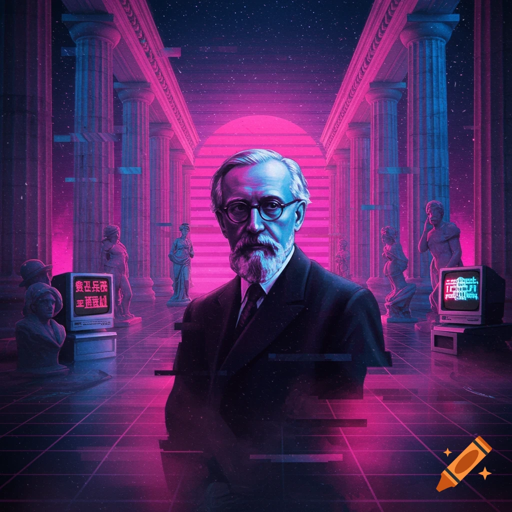 A man with a beard and glasses in a suit stands in a purple and blue vaporwave hall with classical statues and retro monitors displaying illegible text.