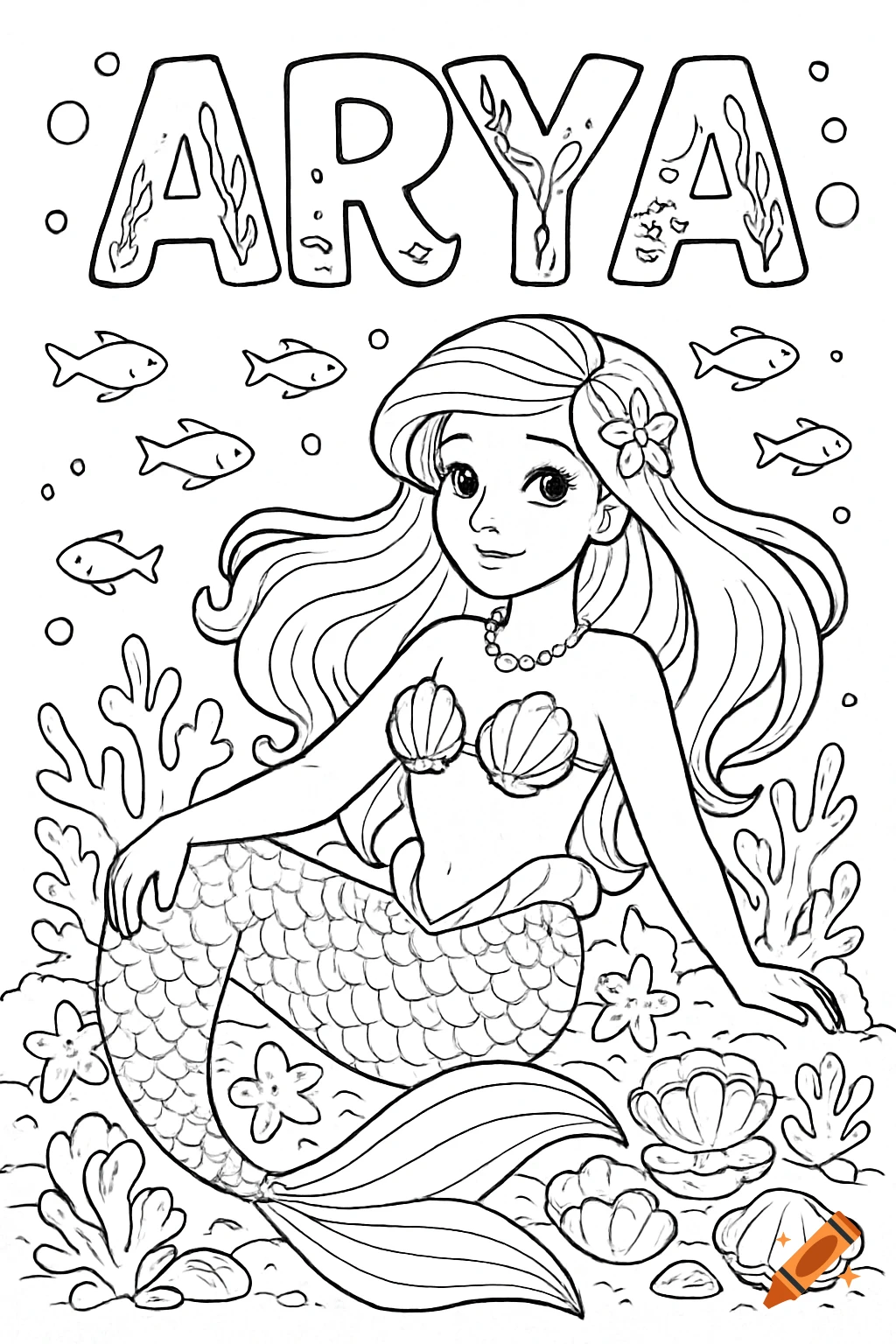 Black and white coloring page of a mermaid on the ocean floor with coral, fish, and shells. 'ARYA' is above.
