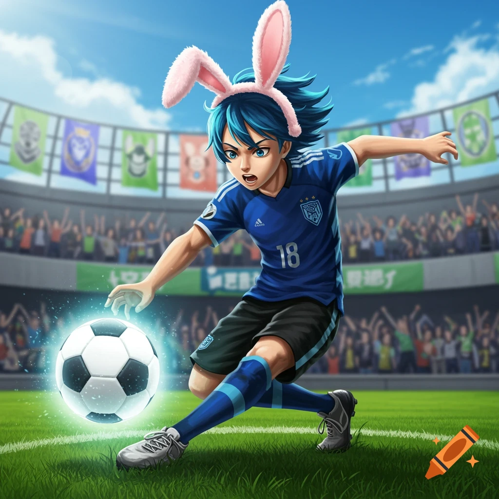 An anime-style character with blue hair and pink bunny ears, wearing a blue soccer jersey with the number 18, dribbles a glowing soccer ball on a green field in a stadium filled with cheering fans.