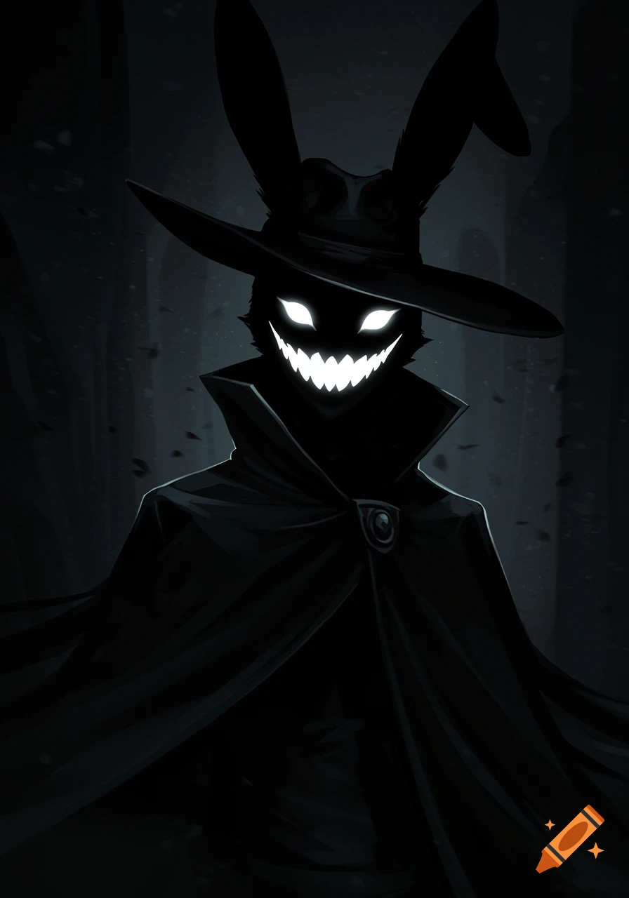 Dark anime figure with glowing eyes, spiky smile, rabbit ears, and a black cloak.