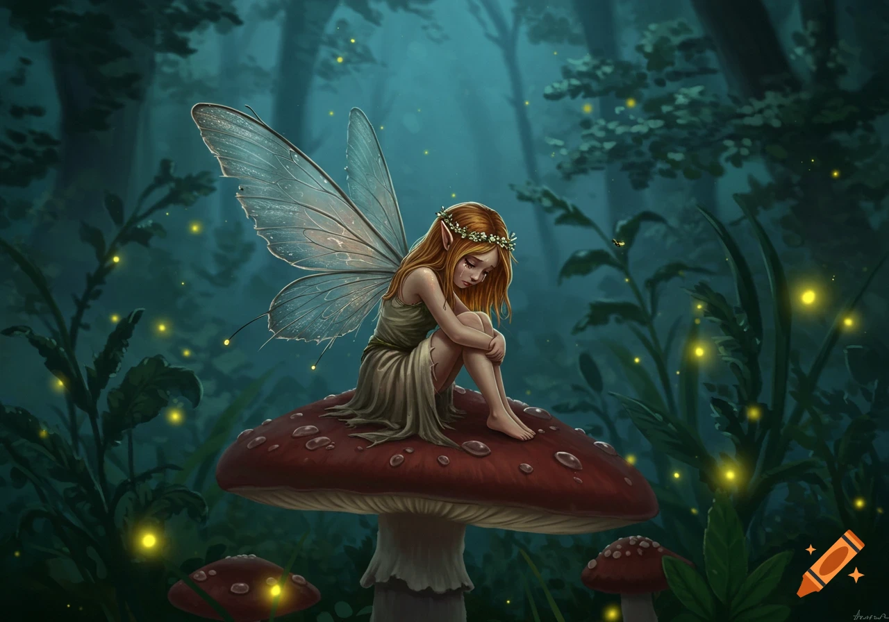 A sad, red-haired fairy with delicate wings sits on a large red mushroom in a dark, glowing forest.