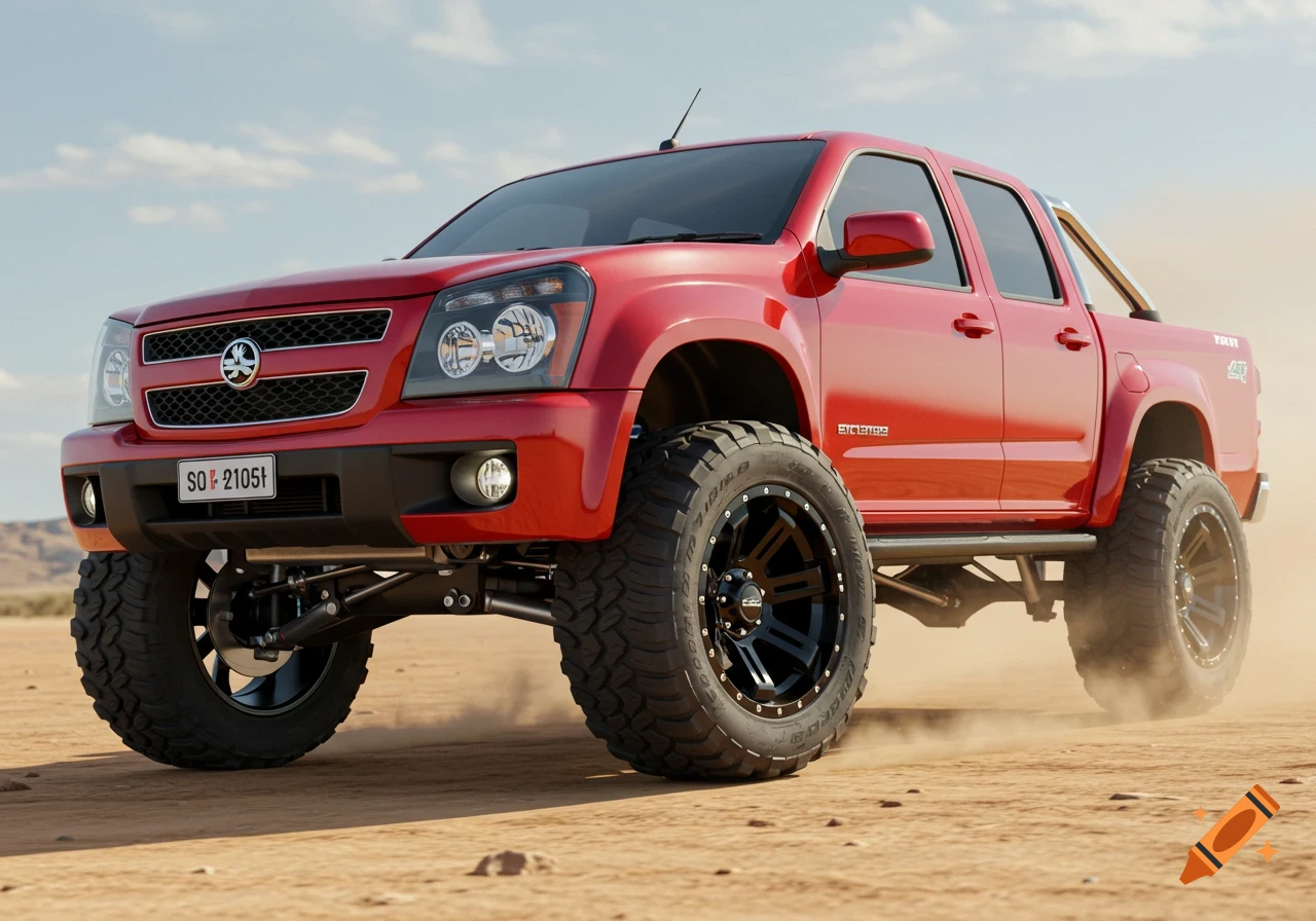 A red lifted Holden Colorado truck with large all-terrain tires on a dusty dirt road.