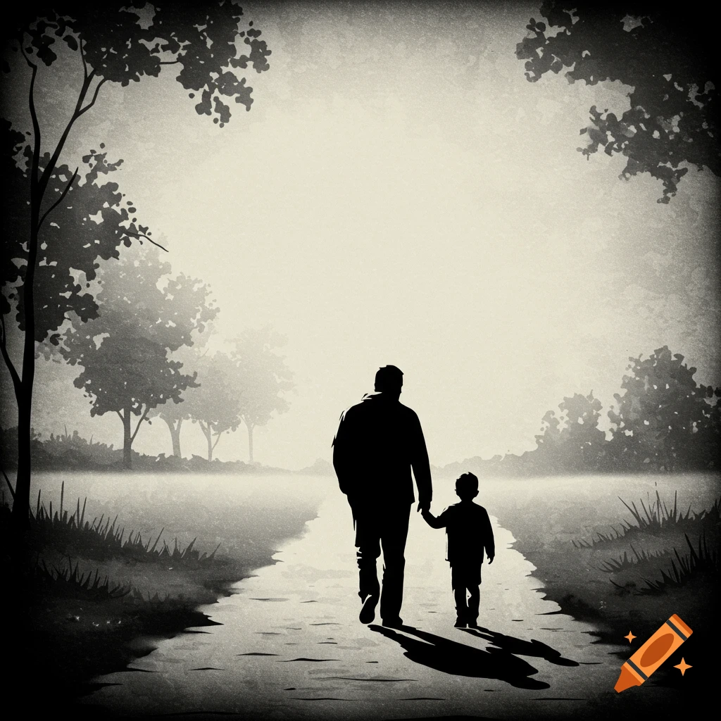Father and son walking hand-in-hand down a path, silhouetted against a bright background with trees in a black and white stencil style.