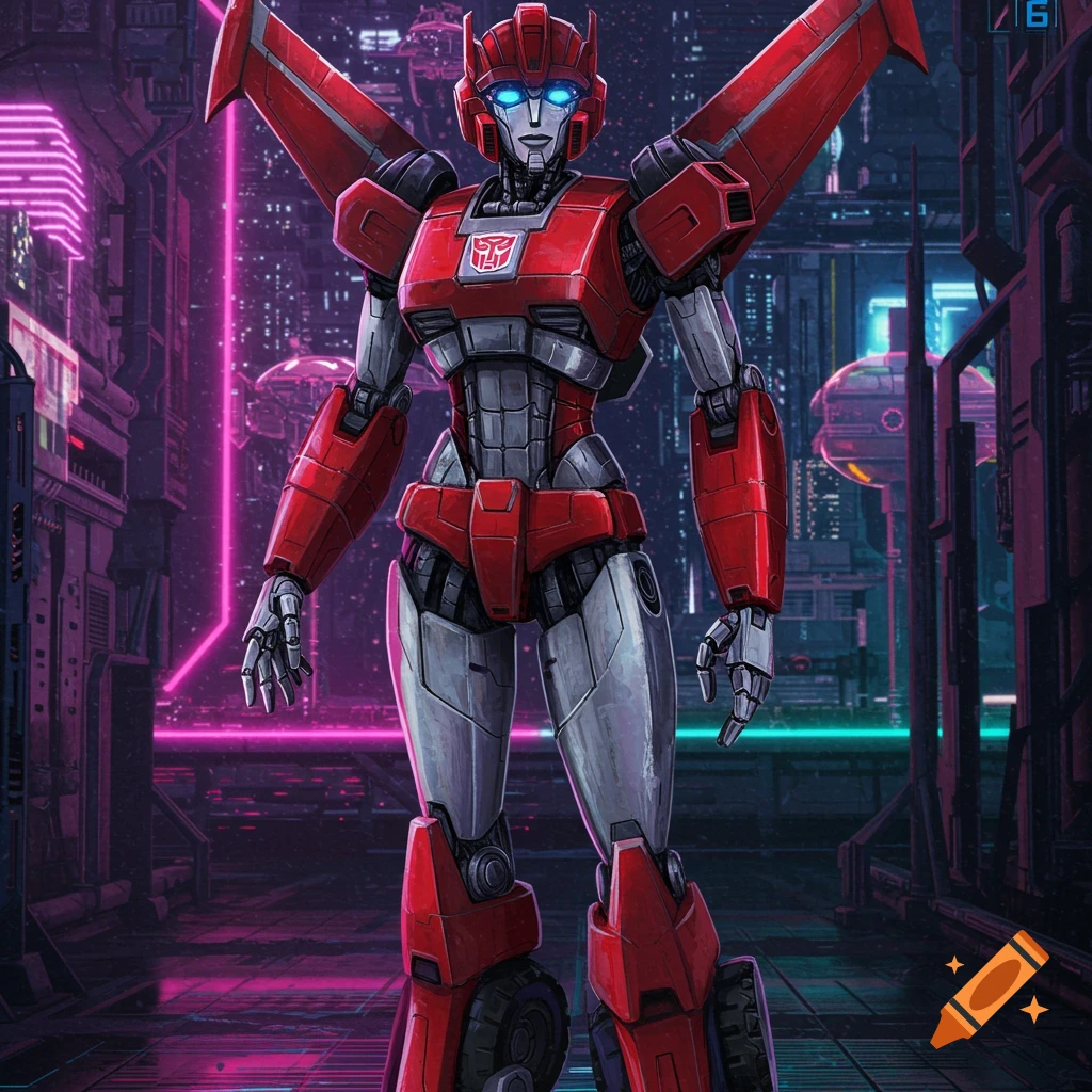 A red and silver female Transformer with glowing blue eyes and wings stands in a neon-lit cyberpunk city in G1 manga style.