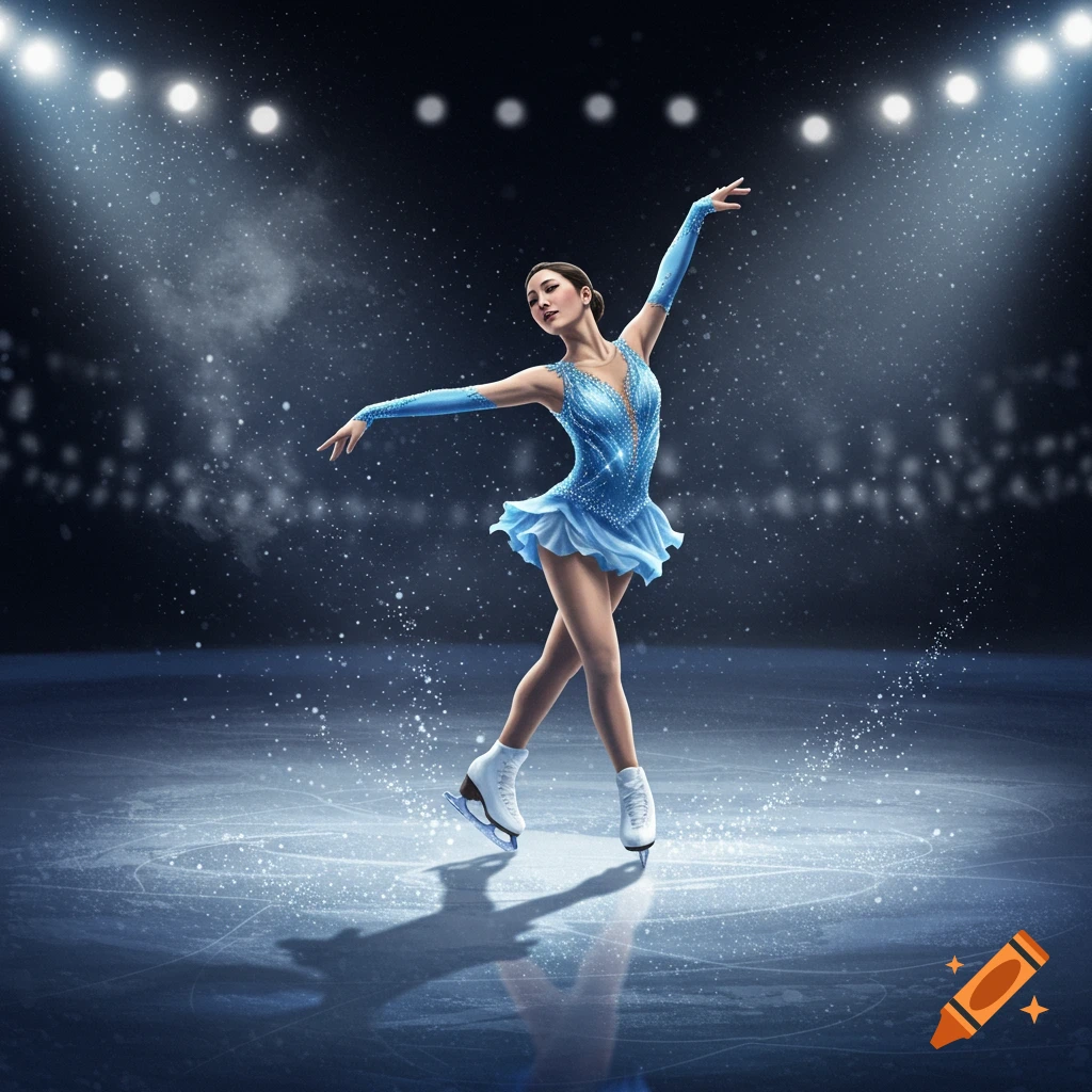 A female figure skater in a shimmering blue costume strikes a pose on an ice rink under bright spotlights, with ice particles in the air.