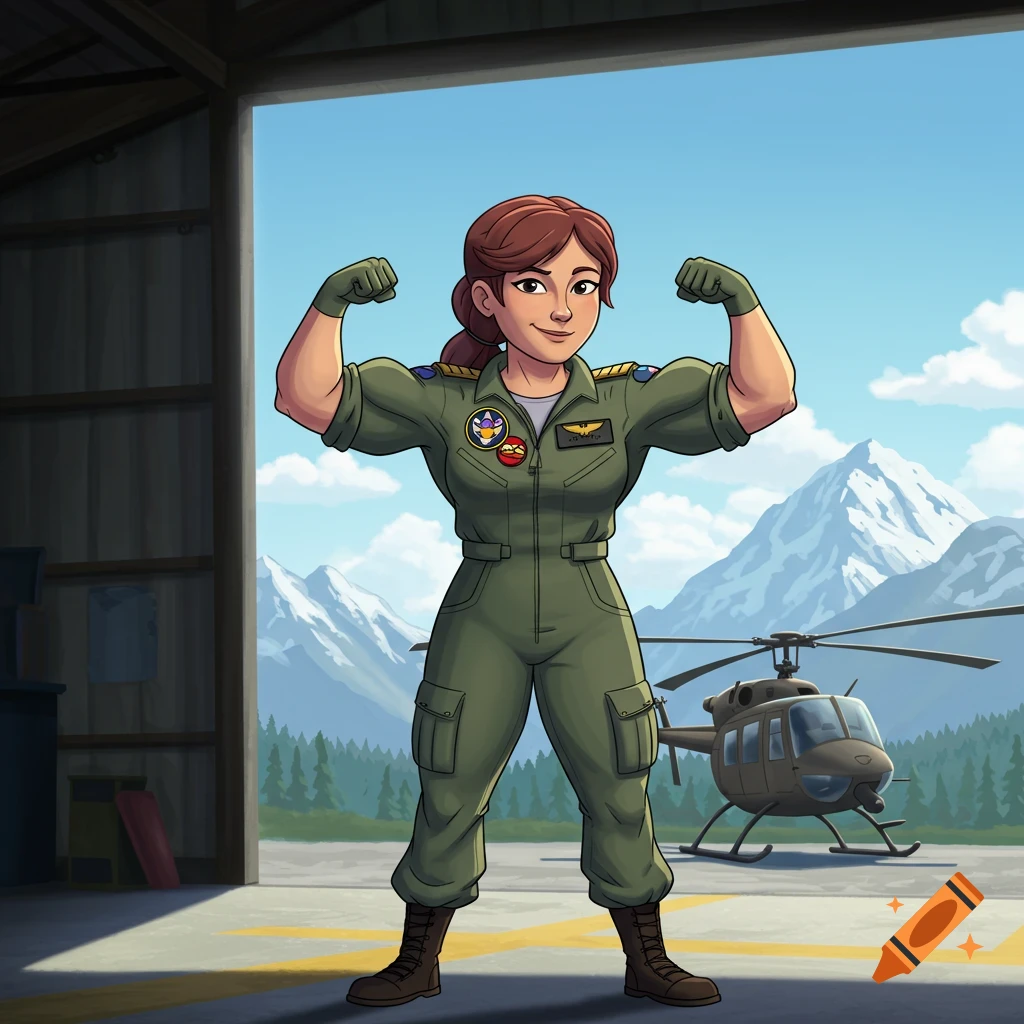 Cartoon of a strong female military pilot in a green jumpsuit flexing, with a helicopter and mountains in the background.