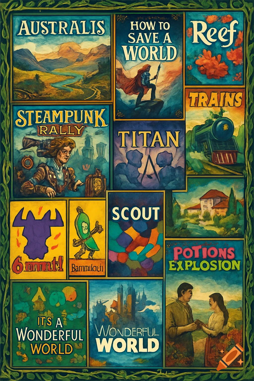 A colorful montage of fictional board game covers in a painterly style, featuring themes like fantasy landscapes, steampunk, trains, and character illustrations, all framed by a green leafy border.