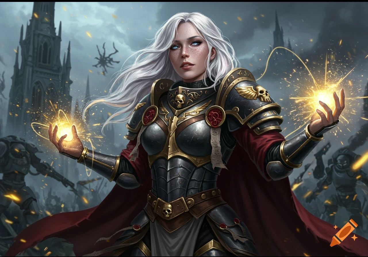 A white-haired woman in futuristic armor with a red cape casts magic in a dark, ruined city.