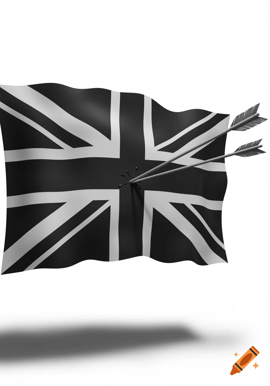 A black and white British Union Jack flag with two arrows piercing its center, causing a dark splatter, set against a white background.