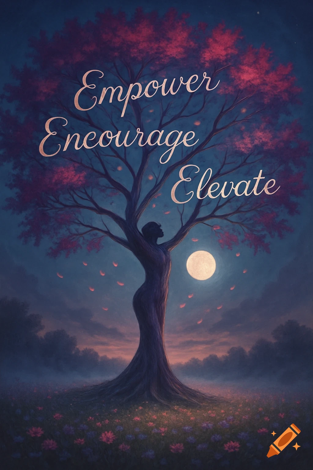 A tree with a female silhouette trunk and magenta leaves, under a full moon. The words 'Empower Encourage Elevate' float among the branches.