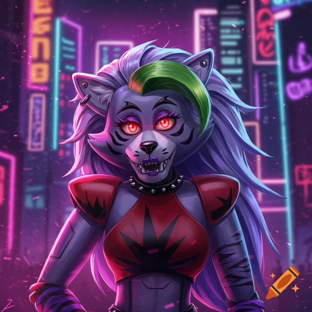 Roxanne Wolf, an anthropomorphic wolf with purple and green hair and red eyes, stands in a neon-lit cyberpunk city.